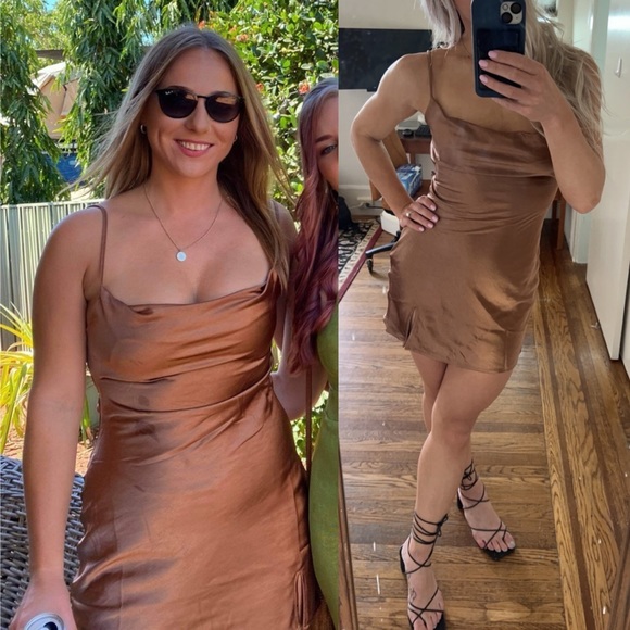 Princess Polly Alfie Copper Brown Satin Backless Square Neck Mini Dress - Picture 4 of 12